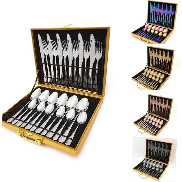 Faizee Möbel Besteck-Set Besteck-Set Edelstahl Besteck Set 24-tlg Messer Gabel Löffel Wood Box (24-tlg), Edelstahl