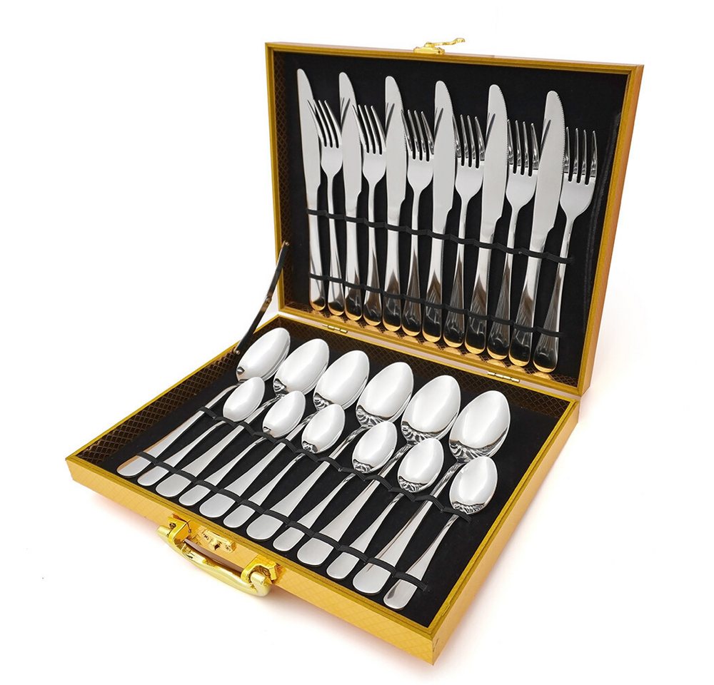 Faizee Möbel Besteck-Set Besteck-Set Edelstahl Besteck Set 24-tlg Messer Gabel Löffel Wood Box (24-tlg), Edelstahl – Bild 2 von 3