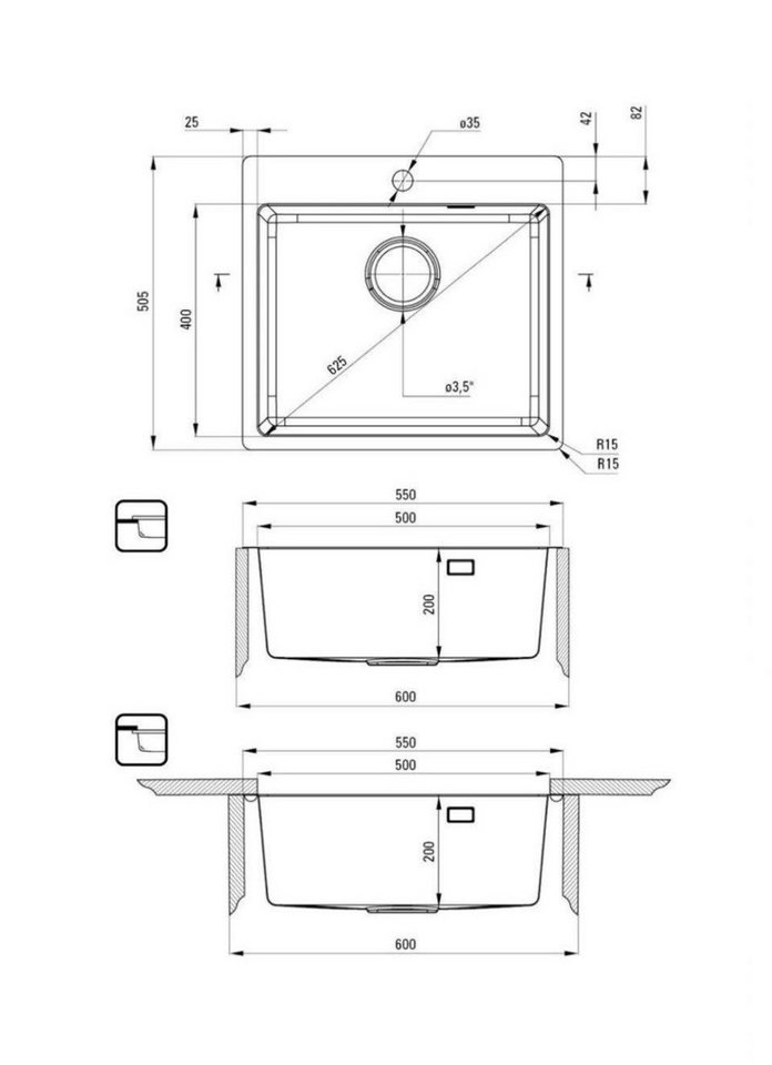Faizee Möbel Edelstahlspüle Edelstahlspüle 50,5x55+Spülkorb(Armatur wählbar) Küchenspülbecken – Bild 3 von 5