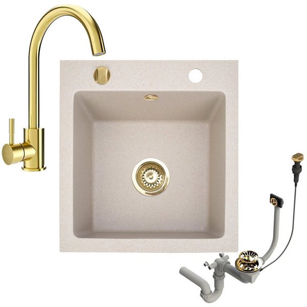 Faizee Möbel Granitspüle Granitspüle 48x50 +Armatur Gold Küchenspüle Spülbecken inkl. Siphon, eckig, 48/50 cm