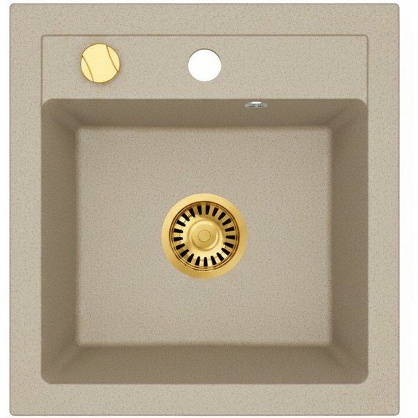 Faizee Möbel Granitspüle Granitspüle 49x52 + Armatur Gold Küchenspüle Spülbecken inkl. Siphon, eckig, 48/50 cm