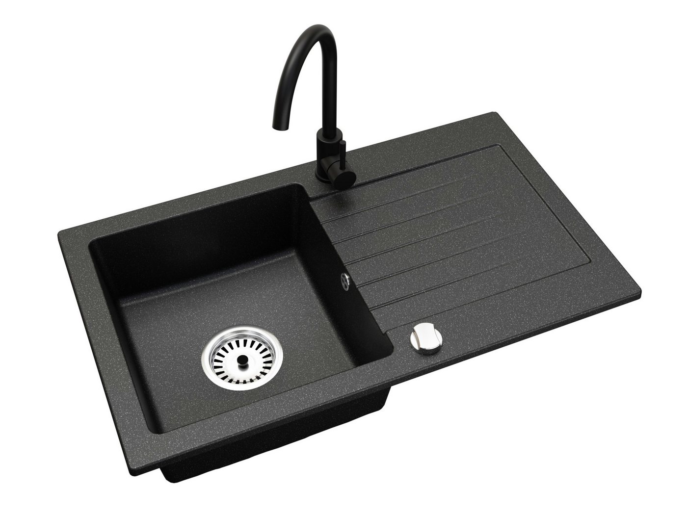 Faizee Möbel Granitspüle Granitspüle 75 cm Schwarz mit passender Armatur Komplett Set, rechteckig, 75/16 cm, Granitspüle:75 x 16 x 44 cm (BxHxT) Farbe: Schwarz  – Bild 2 von 5