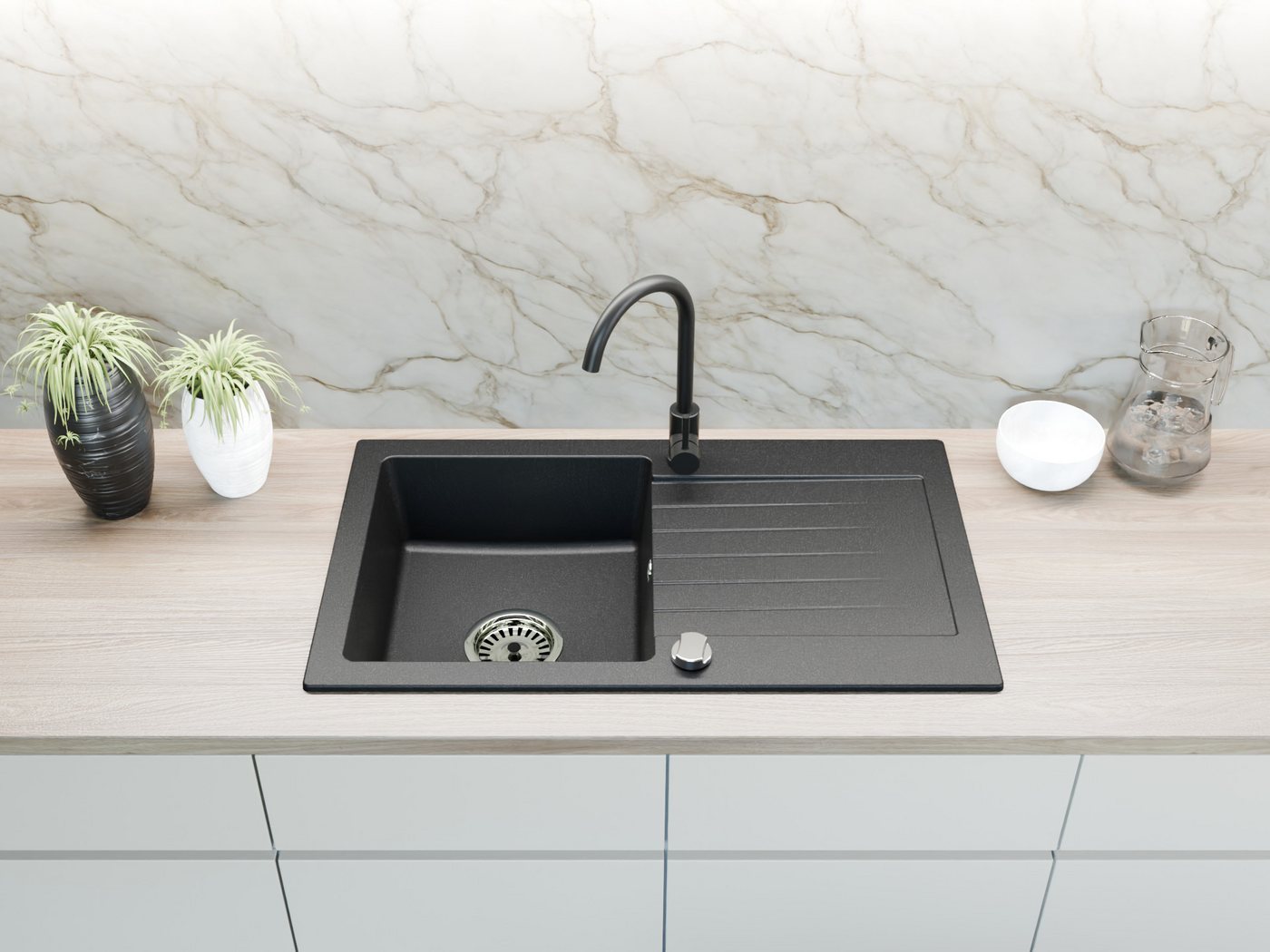 Faizee Möbel Granitspüle Granitspüle 75 cm Schwarz mit passender Armatur Komplett Set, rechteckig, 75/16 cm, Granitspüle:75 x 16 x 44 cm (BxHxT) Farbe: Schwarz  – Bild 3 von 5