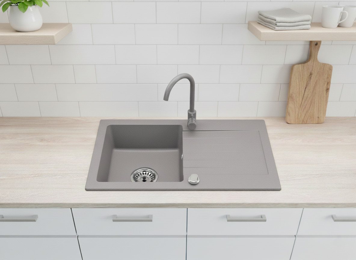 Faizee Möbel Granitspüle Faizee Home, Granitspüle Alisha 75x43,5 cm Abtropffläche mit Armatur, rechteckig, 75/16 cm, Granitspüle:75 x 16 x 44 cm (BxHxT) Farbe:  – Bild 3 von 5