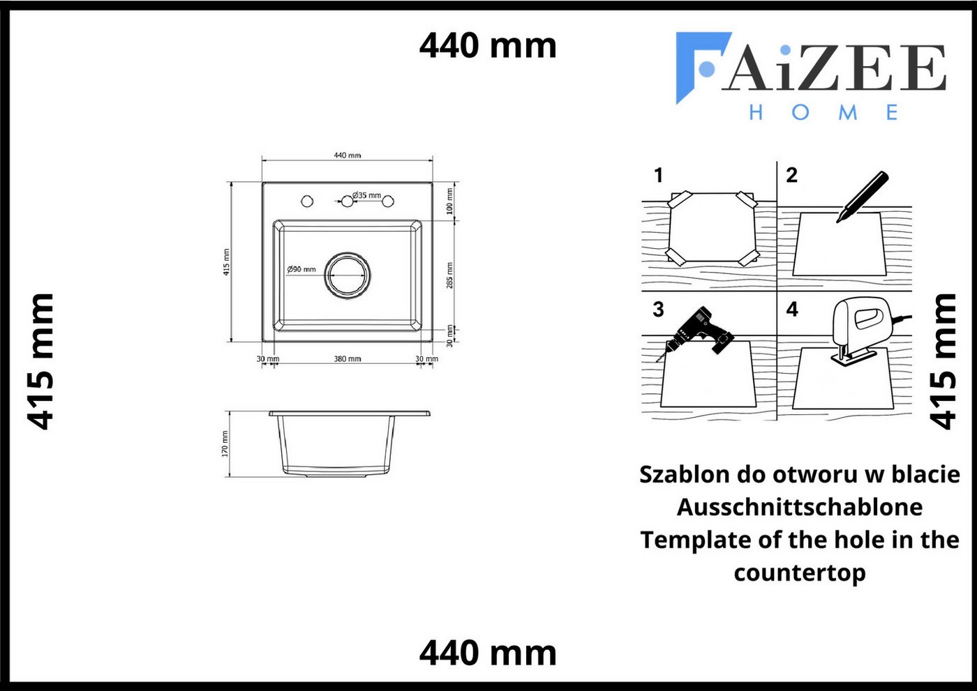 Faizee Möbel Granitspüle Faizee Home, Granitspüle Compact 44×41,5 cm – Küchenspüle Spülbecken – Bild 3 von 5