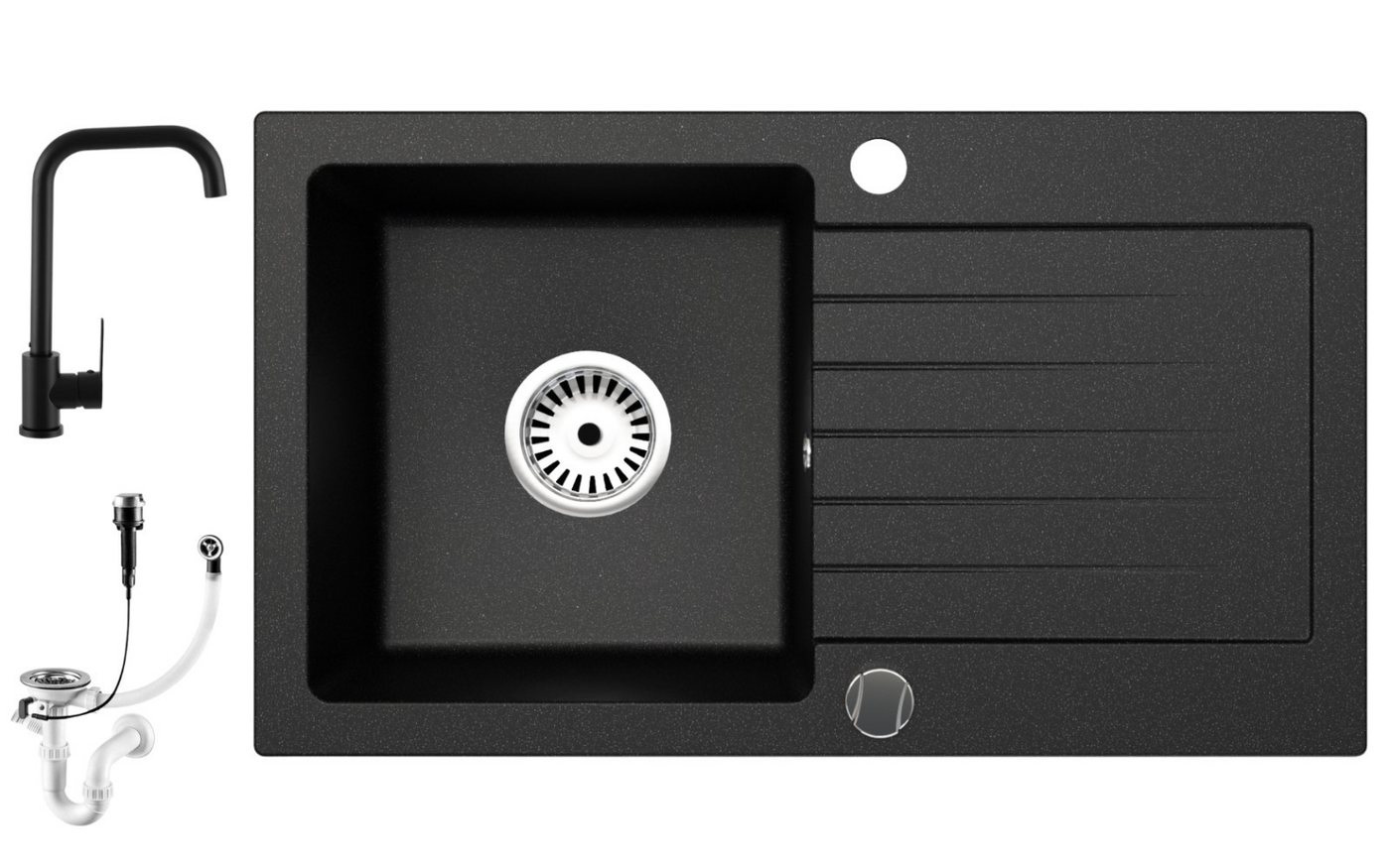Faizee Möbel Granitspüle Faizee Home Granitspüle 75×43,5 cm mit Armatur Steel – Einbauspüle, Beidseitig montierbar, kratzfest, hitzebeständig bis 280 °C, pflege – Bild 2 von 5