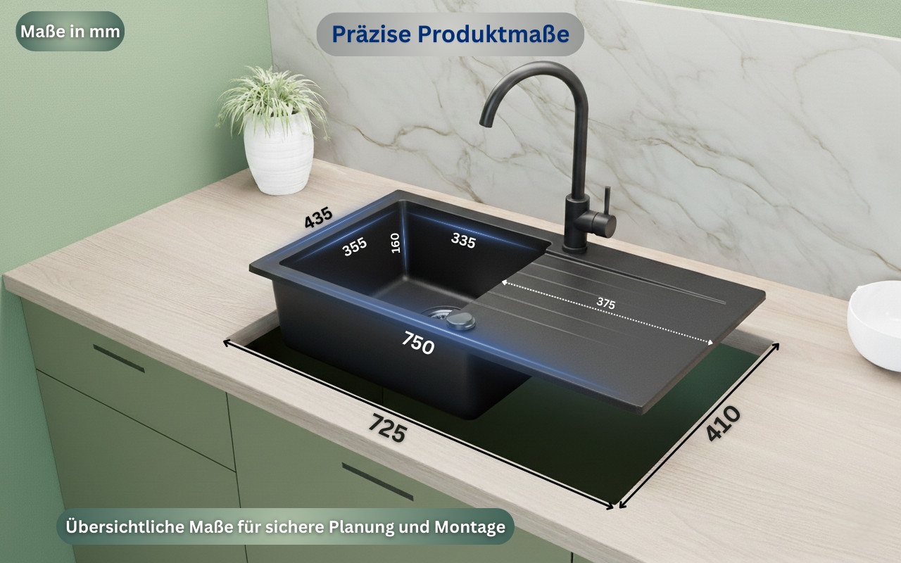 Faizee Möbel Granitspüle Granitspüle Küchenspüle Granit Siphon Einbauspüle Spülbecken 75x43,5, rechteckig, Granitspüle:75 x 16 x 44 cm (BxHxT) Material: Granit  – Bild 3 von 4