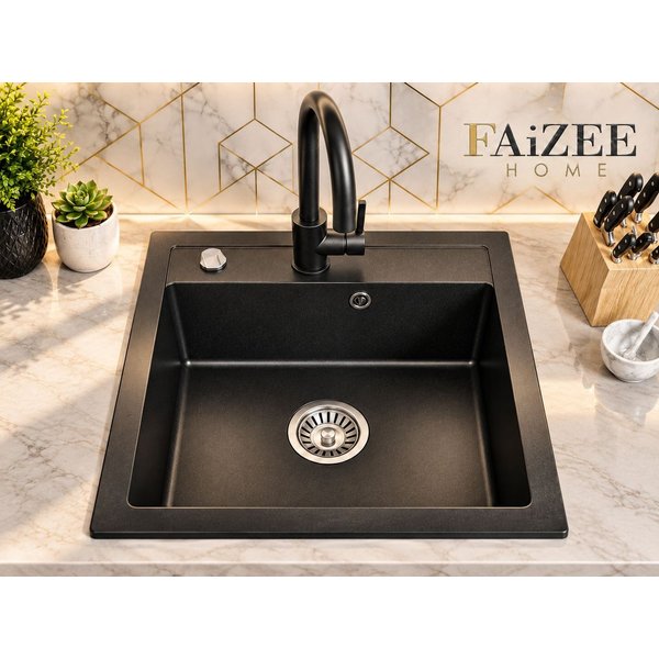 Faizee Möbel Granitspüle Granitspüle Küchenspüle Granit Siphon Spüle 49x52 cm Schwarz, Eckig, 49/52 cm