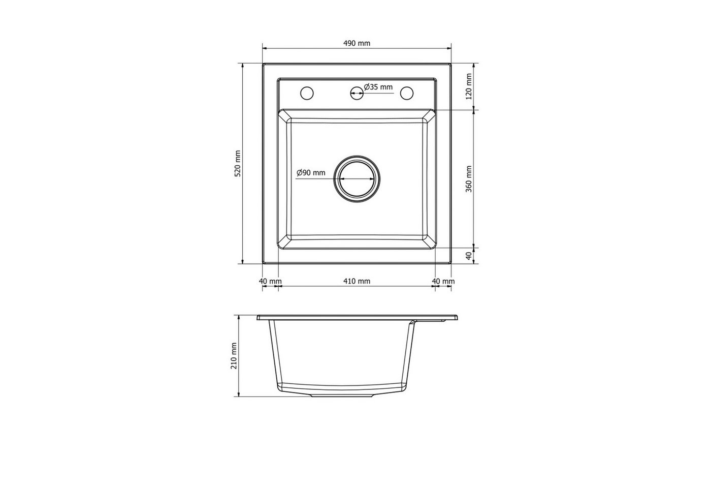 Faizee Möbel Granitspüle Granitspüle Küchenspüle inkl. Siphon & Armatur Einbauspüle 49x52cm, Eckig, 52/21 cm – Bild 5 von 5