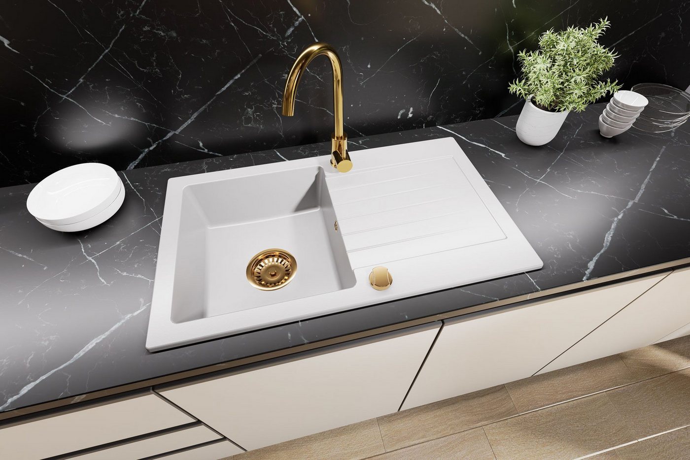 Faizee Möbel Granitspüle Granitspüle Küchenspüle inkl. Siphon Set Gold Einbauspüle 75x45, Rechteck, 75/45 cm – Bild 5 von 5