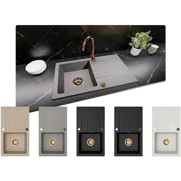 Faizee Möbel Granitspüle Granitspüle Küchenspüle inkl. Siphon Set Gold Einbauspüle 75x45, Rechteck, 75/45 cm