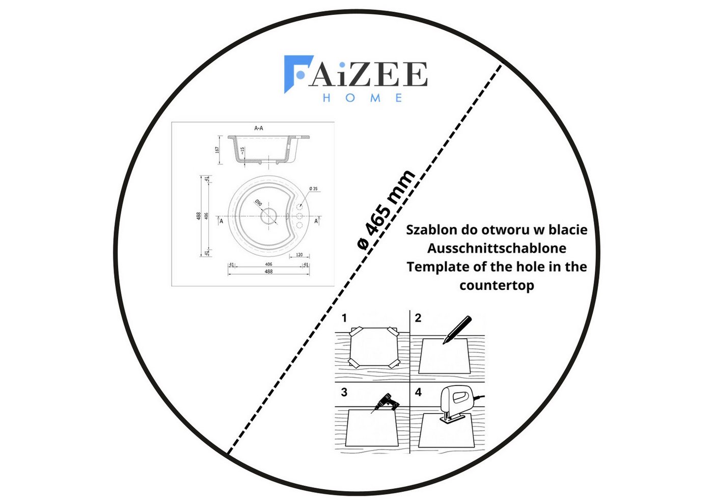 Faizee Möbel Granitspüle Granitspüle Küchenspüle mit Siphon Einbauspüle verschiedene Modelle, Rund, 49/49 cm – Bild 4 von 4
