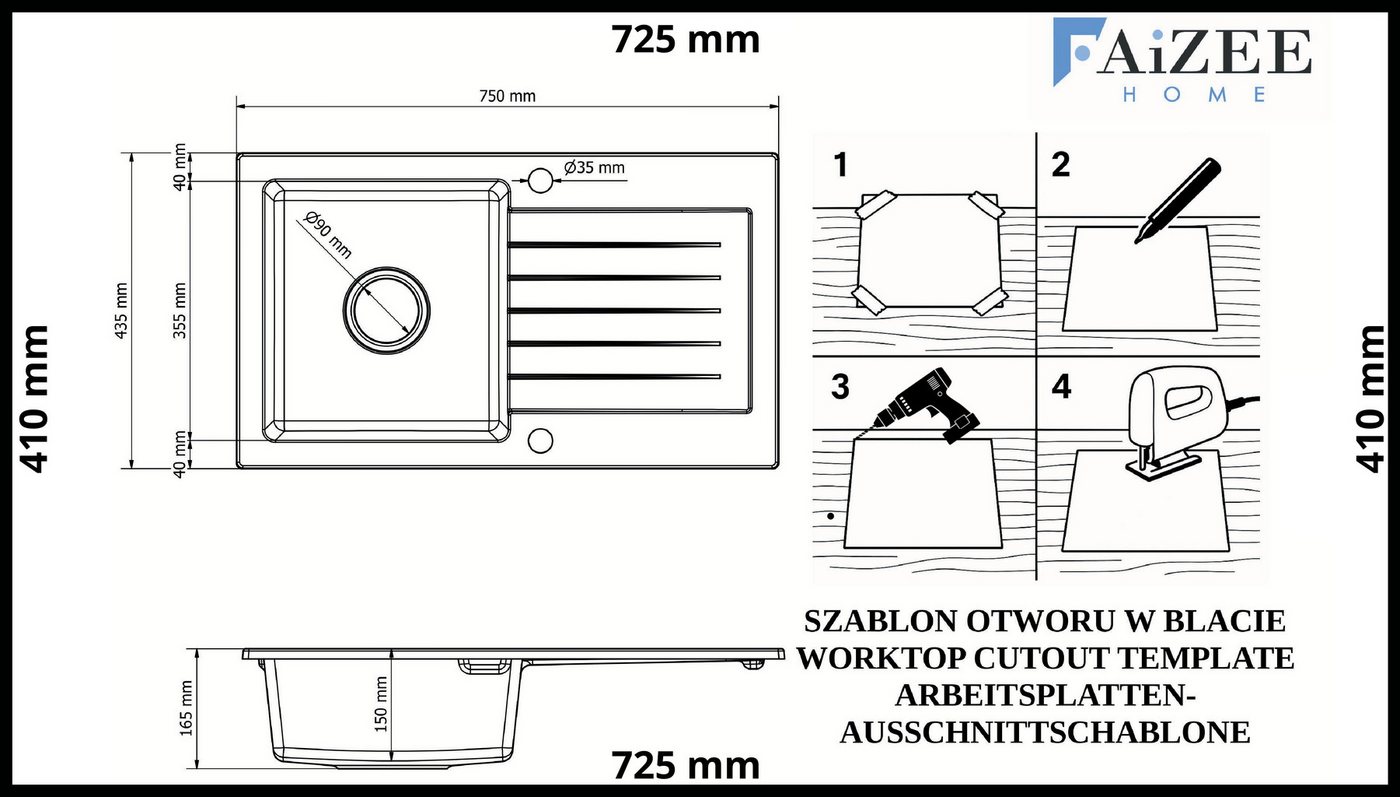Faizee Möbel Granitspüle Granitspüle Küchenspüle mit Siphon und Armatur Spülbecken 75x45, Eckig – Bild 5 von 5