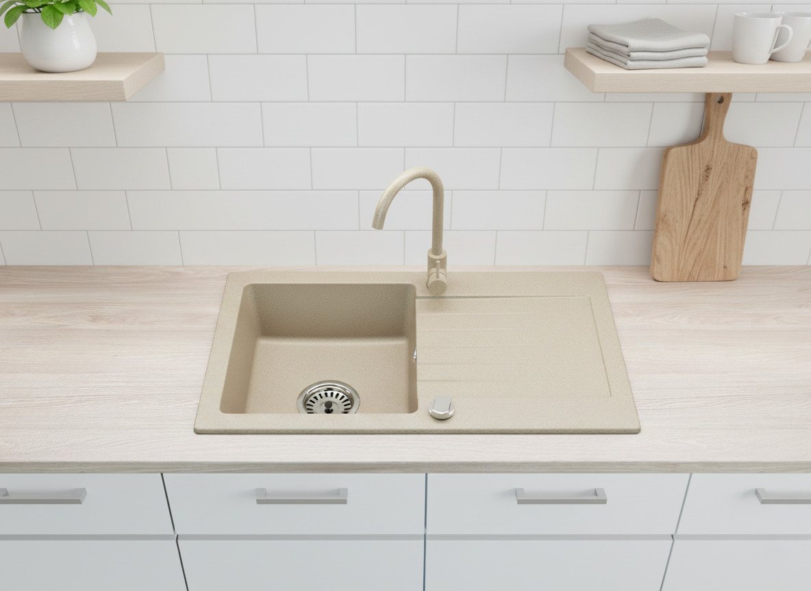 Faizee Möbel Granitspüle Granitspüle Küchenspüle mit Siphon und Armatur Spülbecken 75x45, Eckig – Bild 2 von 5