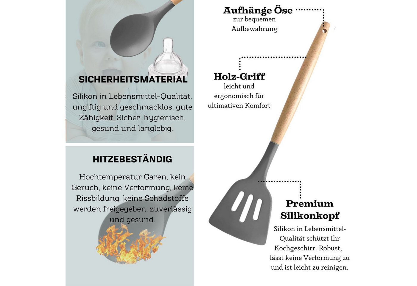 Faizee Möbel Kochbesteck-Set Küchenhelfer Set 12tlg Silikon Kochbesteck Holzgriff Küchenutensilien (12-tlg) – Bild 2 von 2