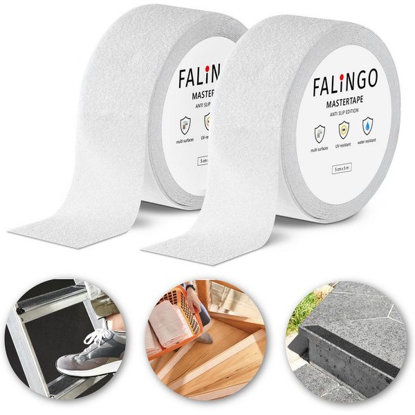FALINGO Klebeband Antirutsch Klebeband, PVC Anti-Slip Tape, 2 Rollen 5 cm x 5 m (2-St) Selbstklebend, Trittsicherheit im Innen- und Außenbereich