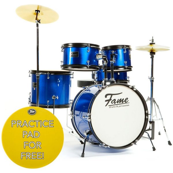 FAME Schlagzeug,Kiddyset 5 PC Junior Drumset Blue Kinderschlagzeug mit Bass Drum Toms Snare Hardware und Hocker von 3 -10 Jahren mit Zubehör und Drumsticks, Sch