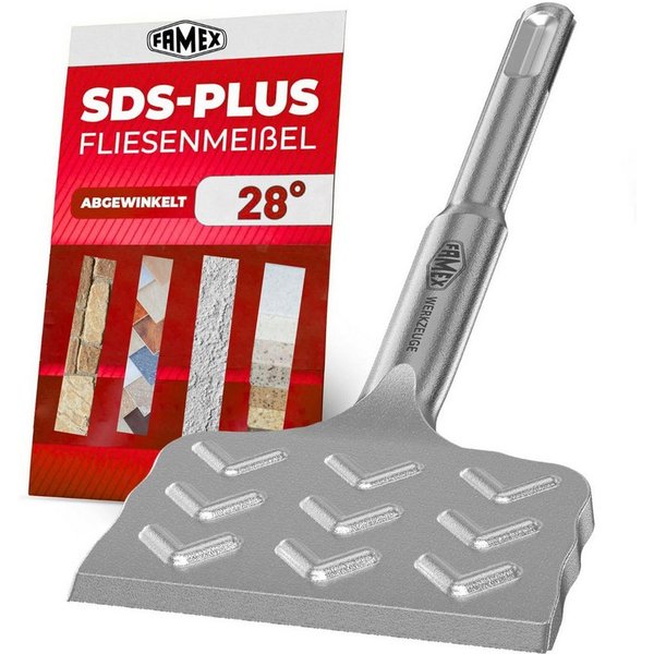 FAMEX Spatmeißel 8342 SDS Plus Fliesenmeissel, für SDS-Plus, (Fliesenmeißel, Hochleistungsstahl, 1-tlg., PROFESSIONAL, 28) 75x165 mm, abgewinkelt, breit