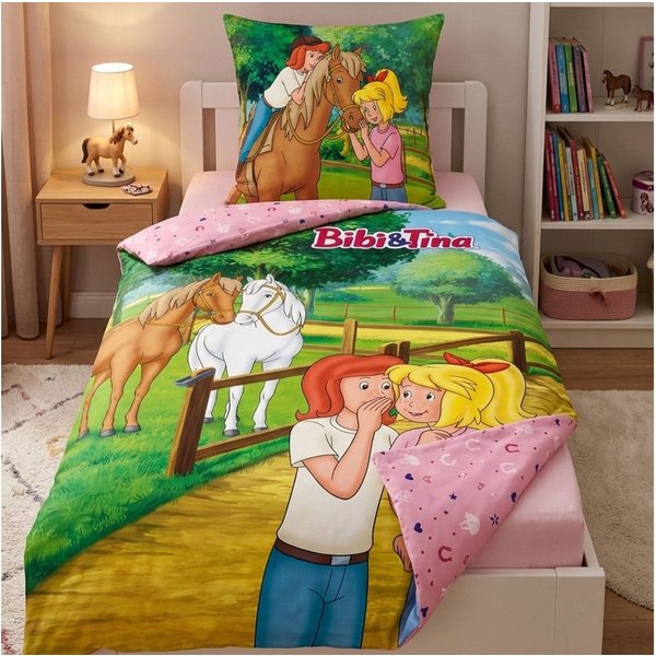Familando Kinderbettwäsche Bibi und Tina, 100% Baumwolle, Rosa mit Pferden für Mädchen, Renforcé, 2 teilig, 135x200 80x80cm mit Reißverschluss, Wendebettwäsche