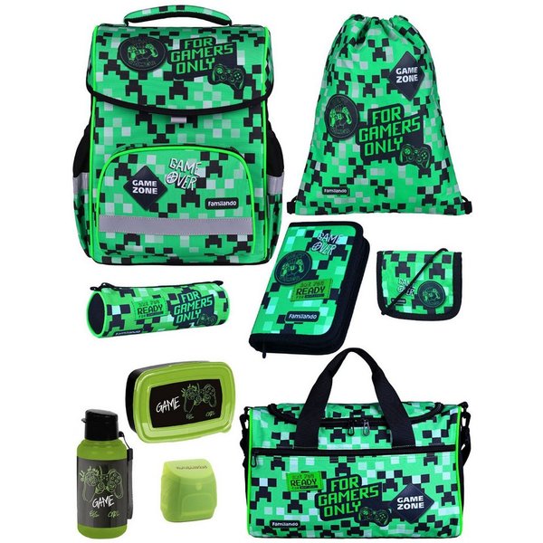 Familando Schulranzen Basic Plus 1.-4. Klasse ergonomisch, leicht, Volumen 15 Liter (Set, 9-tlg., inkl. Lunch-Set und Sporttasche), Gamer Pixel Playworld Motiv