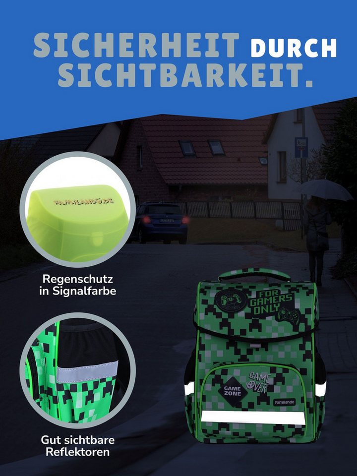 Familando Schulranzen Basic Plus 1.-4. Klasse ergonomisch, leicht, Volumen 15 Liter (Set, 9-tlg., inkl. Lunch-Set und Sporttasche), Gamer Pixel Playworld Motiv – Bild 3 von 5