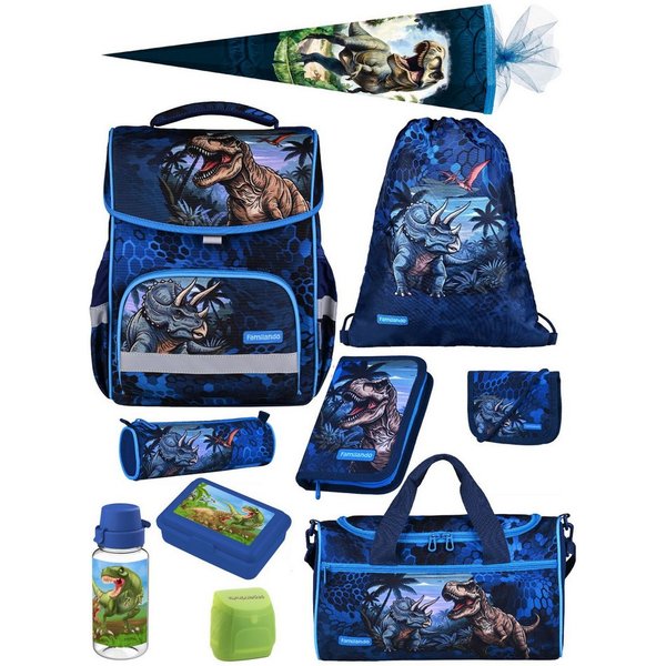 Familando Schulranzen Basic Plus 1.-4. Klasse ergonomisch, leicht, Volumen 15 Liter (Set, 10-tlg., inkl. Sporttasche und Schultüte / Zuckertüte 85cm), Dino T-Re