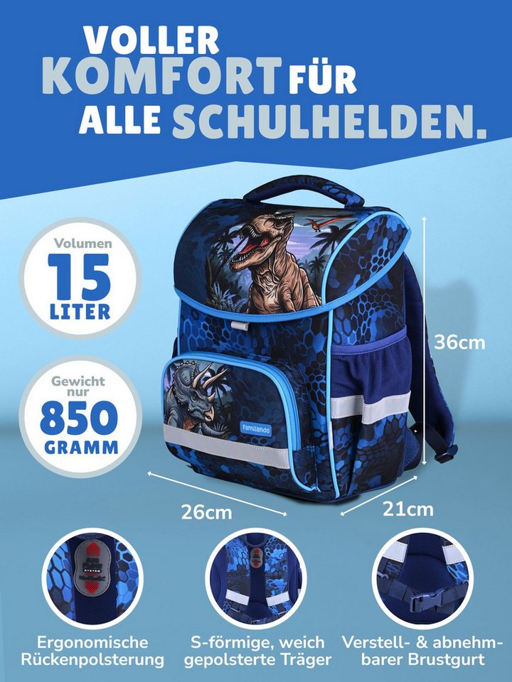 Familando Schulranzen Basic Plus 1.-4. Klasse ergonomisch, leicht, Volumen 15 Liter (Set, 10-tlg., inkl. Sporttasche und Schultüte / Zuckertüte 85cm), Dino T-Re – Bild 2 von 5