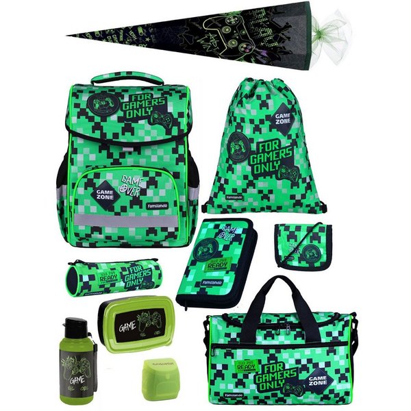 Familando Schulranzen Basic Plus 1.-4. Klasse ergonomisch, leicht, Volumen 15 Liter (Set, 10-tlg., inkl. Sporttasche und Schultüte / Zuckertüte 85cm), Gamer Pix