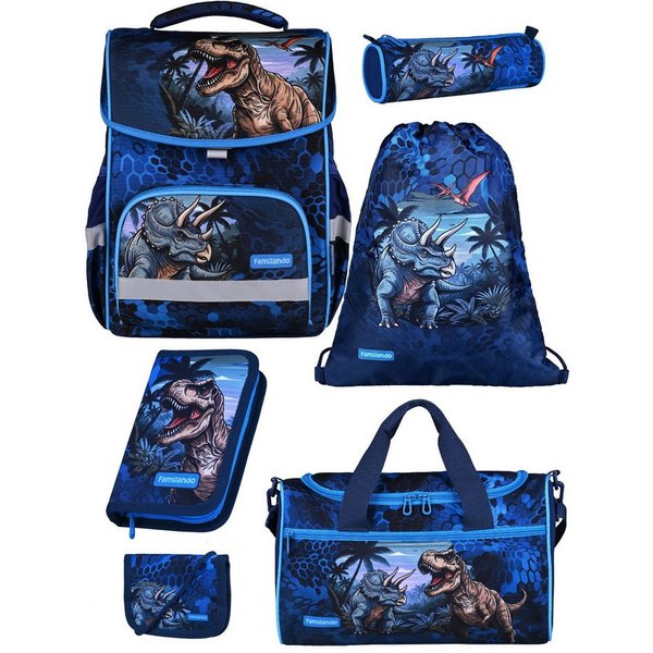 Familando Schulranzen Basic Plus 1.-4. Klasse ergonomisch, leicht, Volumen 15 Liter (Set, 6-tlg., inkl. Federmäppchen und Sporttasche), Dino T-Rex Dinosaurier M