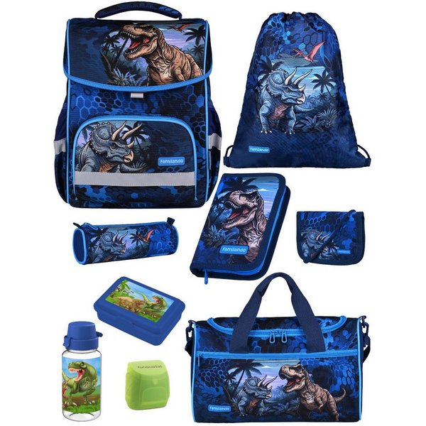 Familando Schulranzen Basic Plus 1.-4. Klasse ergonomisch, leicht, Volumen 15 Liter (Set, 9-tlg., inkl. Lunch-Set und Sporttasche), Dino T-Rex Dinosaurier Motiv