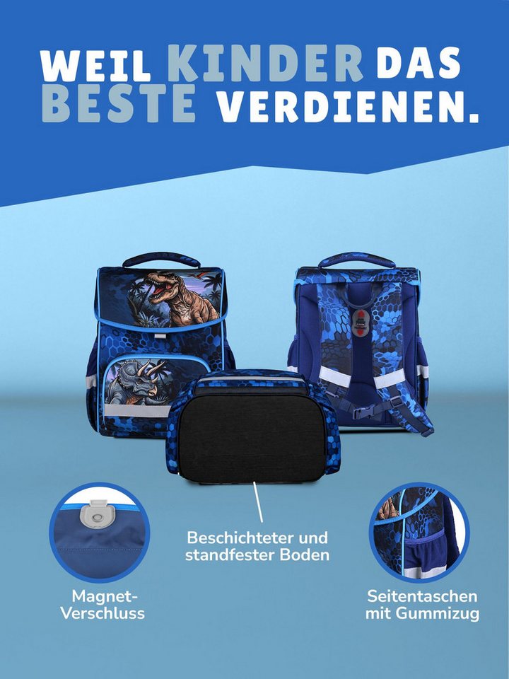 Familando Schulranzen Basic Plus 1.-4. Klasse ergonomisch, leicht, Volumen 15 Liter (Set, 9-tlg., inkl. Lunch-Set und Sporttasche), Dino T-Rex Dinosaurier Motiv – Bild 5 von 5