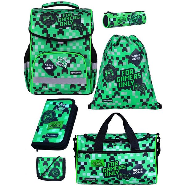 Familando Schulranzen Basic Plus 1.-4. Klasse ergonomisch, leicht, Volumen 15 Liter (Set, 6-tlg., inkl. Federmäppchen und Sporttasche), Gamer Pixel Playworld Mo