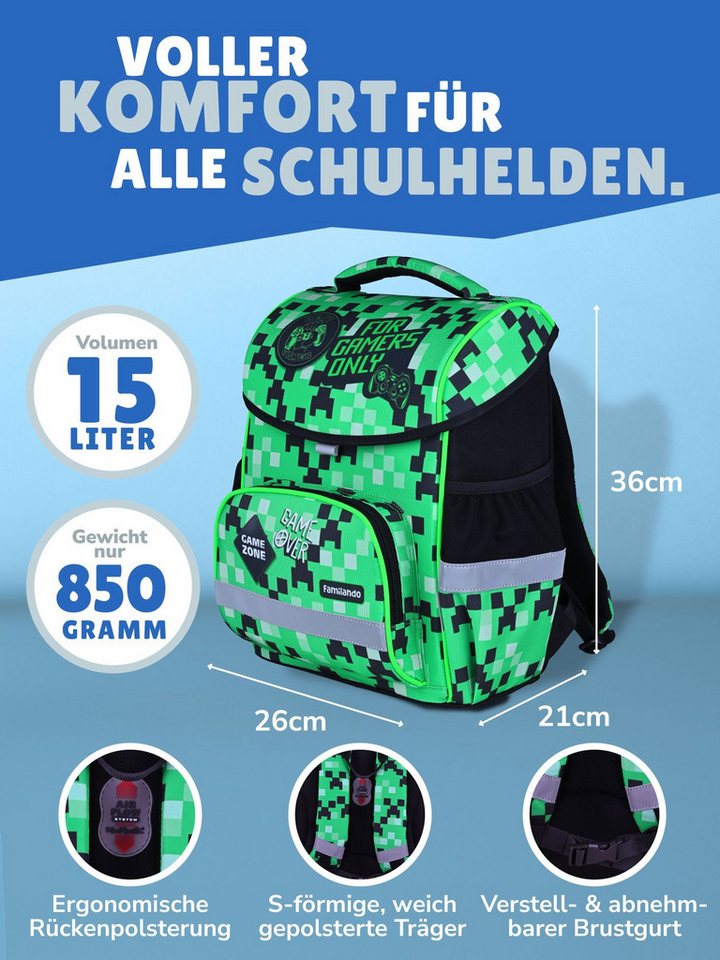 Familando Schulranzen Basic Plus 1.-4. Klasse ergonomisch, leicht, Volumen 15 Liter (Set, 6-tlg., inkl. Federmäppchen und Sporttasche), Gamer Pixel Playworld Mo – Bild 2 von 5
