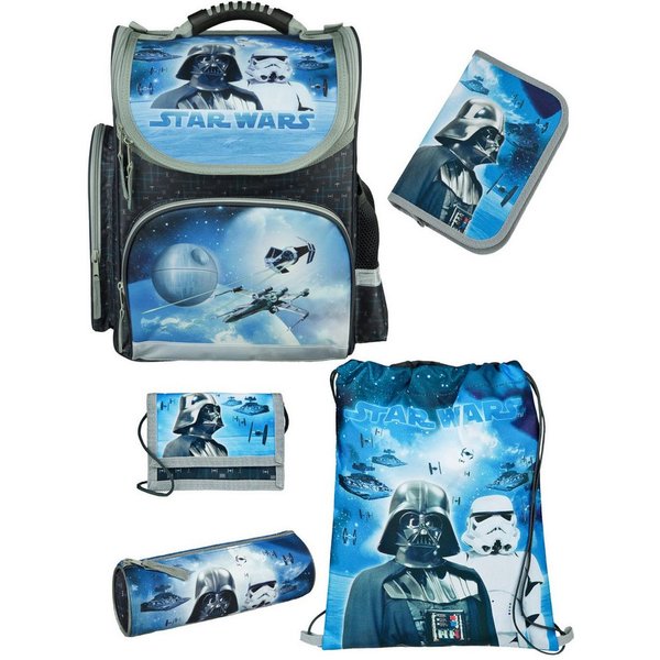 Familando Schulranzen Clou Star Wars Schultasche, Darth Vader, blau, ab 1. Klasse (Grundset, 5-tlg., mit Federmappe, Schlamper, Turn- & Geldbeutel), kompakt, mi