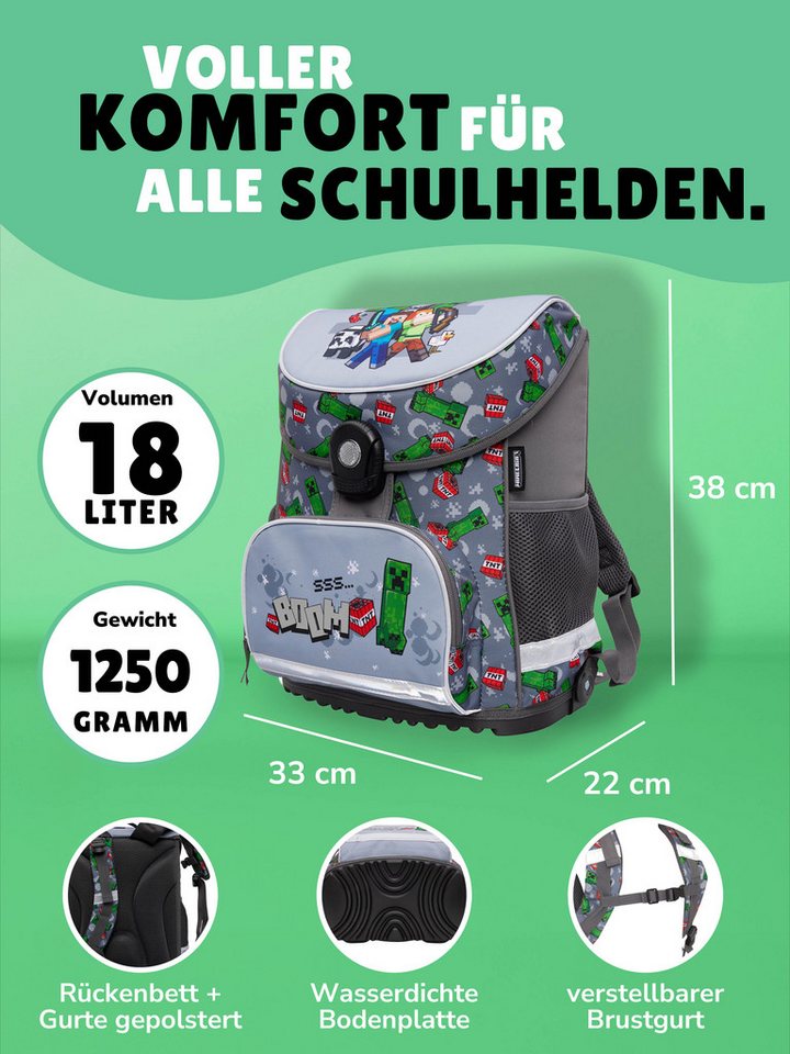 Familando Schulranzen Minecraft 1.-4. Klasse ergonomisch, geräumig, Volumen 18 Liter (Set, 9-tlg., inkl. Lunch-Set und Sporttasche), MINECRAFT Motiv grau – Bild 2 von 5