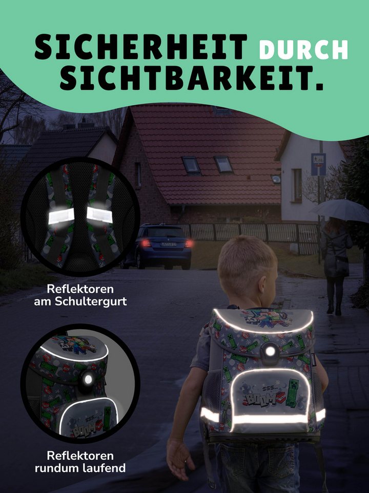 Familando Schulranzen Minecraft 1.-4. Klasse ergonomisch, geräumig, Volumen 18 Liter (Set, 9-tlg., inkl. Lunch-Set und Sporttasche), MINECRAFT Motiv grau – Bild 4 von 5