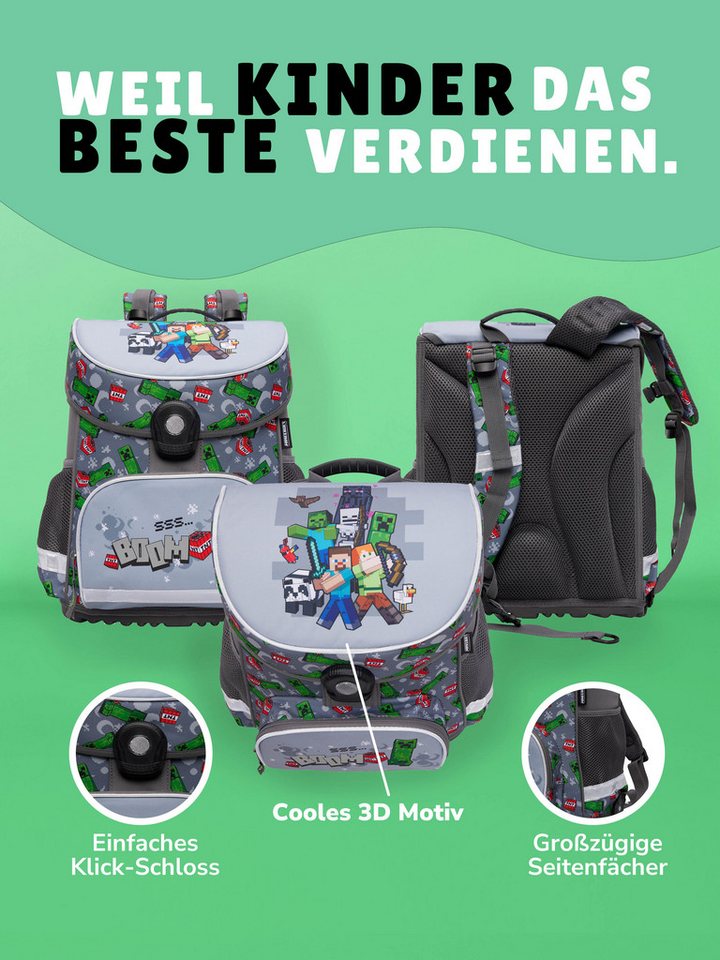 Familando Schulranzen Minecraft 1.-4. Klasse ergonomisch, geräumig, Volumen 18 Liter (Set, 9-tlg., inkl. Lunch-Set und Sporttasche), MINECRAFT Motiv grau – Bild 5 von 5