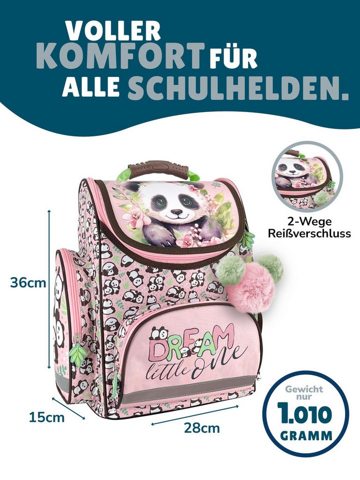 Familando Schulranzen Panda Bär Schultasche, rosa, für Mädchen 1. bis 4. Klasse (Set, 8-tlg., inkl. Federmappe, Lunch-Set und Sporttasche), ergonomisch, 1.010 G – Bild 2 von 5