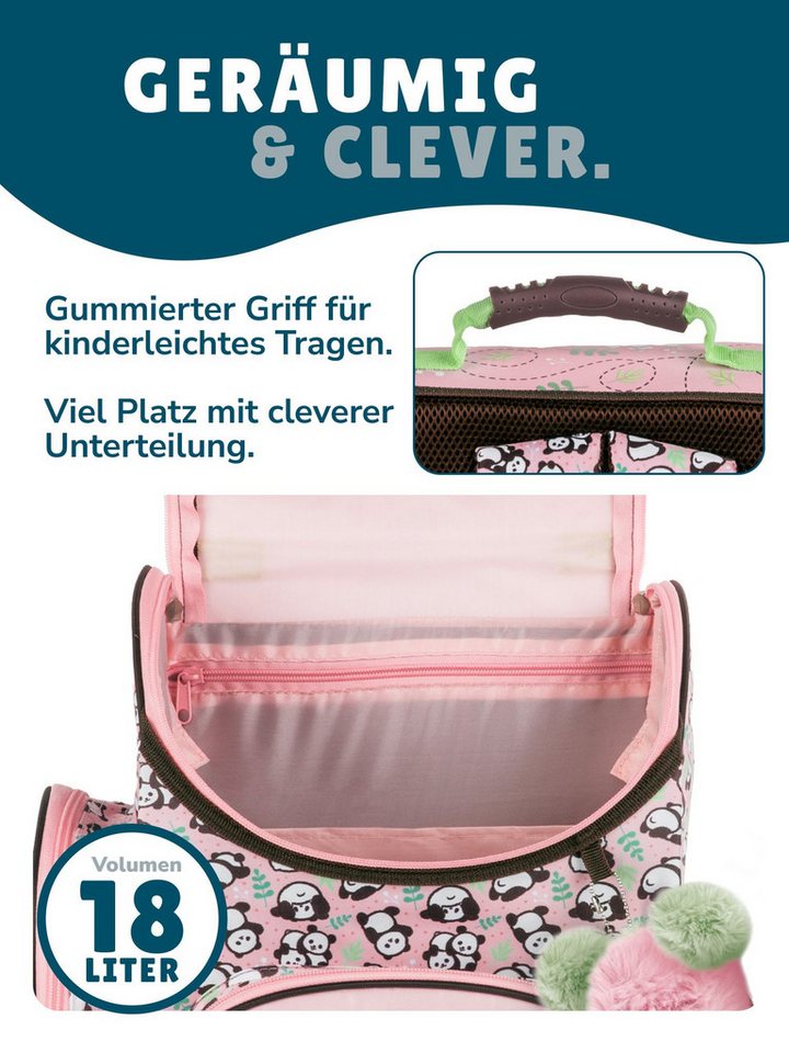 Familando Schulranzen Panda Bär Schultasche, rosa, für Mädchen 1. bis 4. Klasse (Set, 8-tlg., inkl. Federmappe, Lunch-Set und Sporttasche), ergonomisch, 1.010 G – Bild 3 von 5
