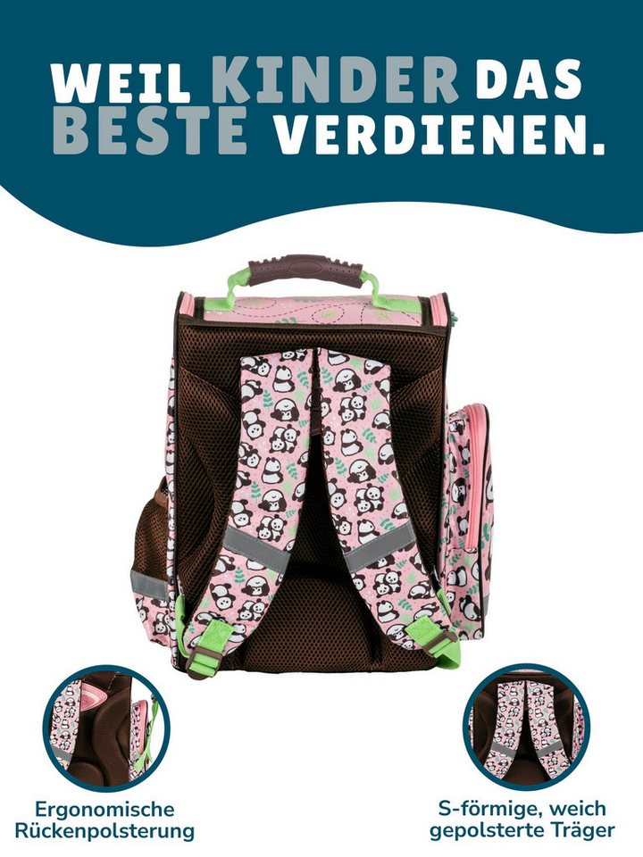 Familando Schulranzen Panda Bär Schultasche, rosa, für Mädchen 1. bis 4. Klasse (Set, 8-tlg., inkl. Federmappe, Lunch-Set und Sporttasche), ergonomisch, 1.010 G – Bild 4 von 5