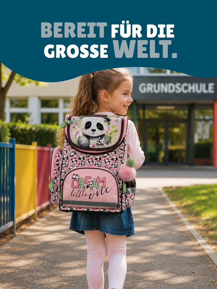 Familando Schulranzen Panda Bär Schultasche, rosa, für Mädchen 1. bis 4. Klasse (Set, 8-tlg., inkl. Federmappe, Lunch-Set und Sporttasche), ergonomisch, 1.010 G – Bild 5 von 5