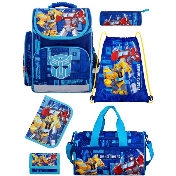 Familando Schulranzen Transformers 1.-4. Klasse ergonomisch, leicht, Volumen 15 Liter (Set, 6-tlg., inkl. Federmäppchen und Sporttasche), Transformers Bumblebee