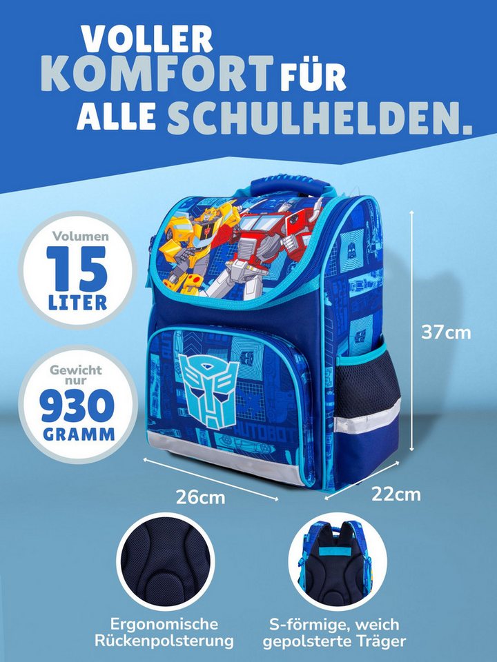 Familando Schulranzen Transformers 1.-4. Klasse ergonomisch, leicht, Volumen 15 Liter (Set, 6-tlg., inkl. Federmäppchen und Sporttasche), Transformers Bumblebee – Bild 2 von 5