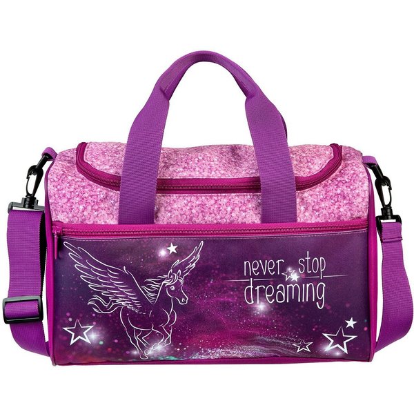 Familando Sporttasche Pegasus, Tasche Violett mit Pferde Motiv, mit verstellbaren Schulterriemen
