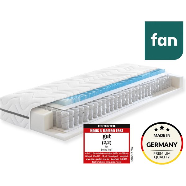 Taschenfederkernmatratze Solina Top T, 90x200 & mehr, 7 Zonen Wendematratze in 2 Härten, fan, 22 cm hoch, (1-tlg), Haus & Garten Test "GUT", getestet in Gr. 90x