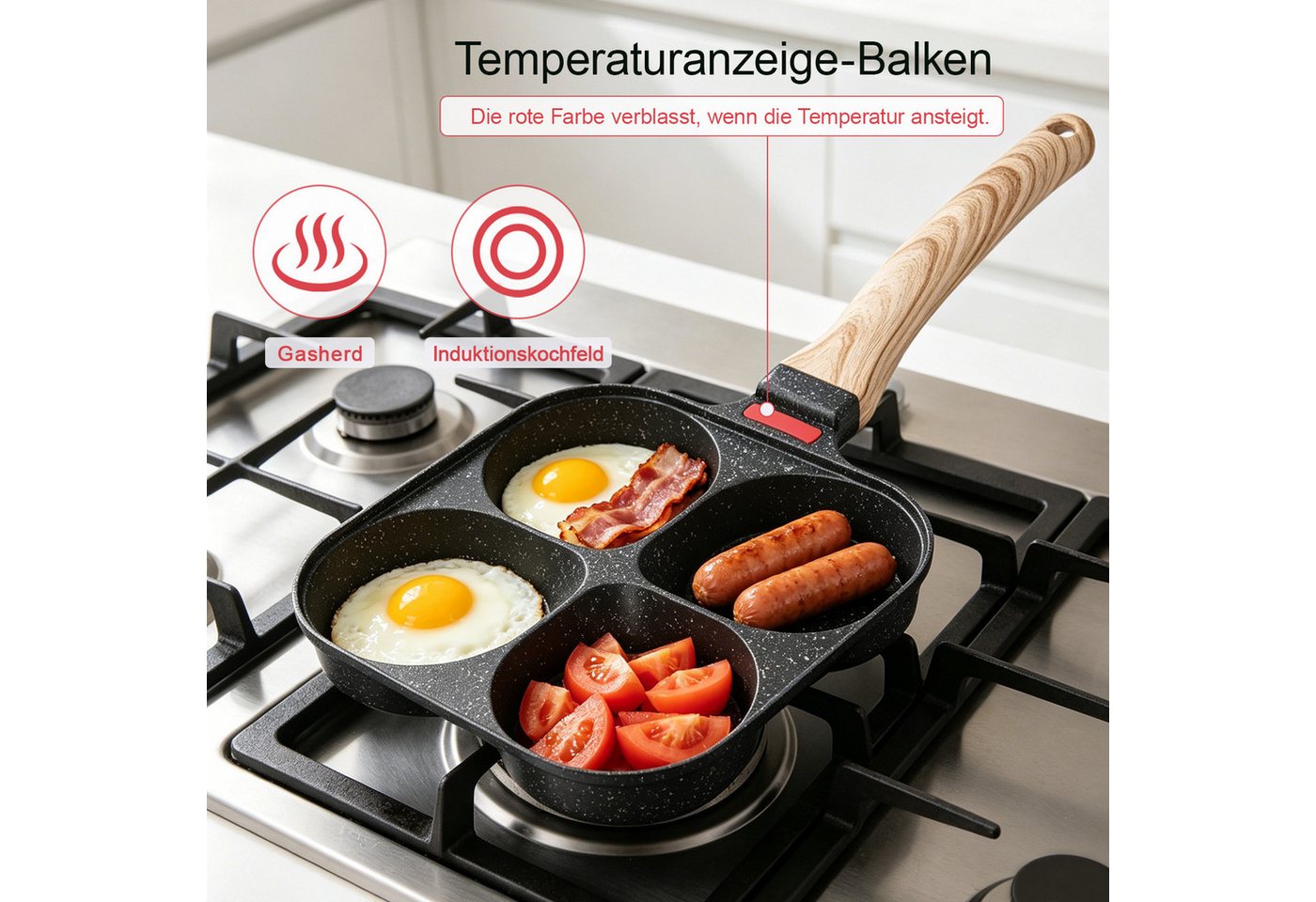 FANNOU Bratpfanne Spiegeleipfanne mit Deckel, 4 Loch Pancake Pfanne, (1-tlg), Aluminium-Antihaft Bratpfanne für Induktionsherd & Gasherd – Bild 4 von 5