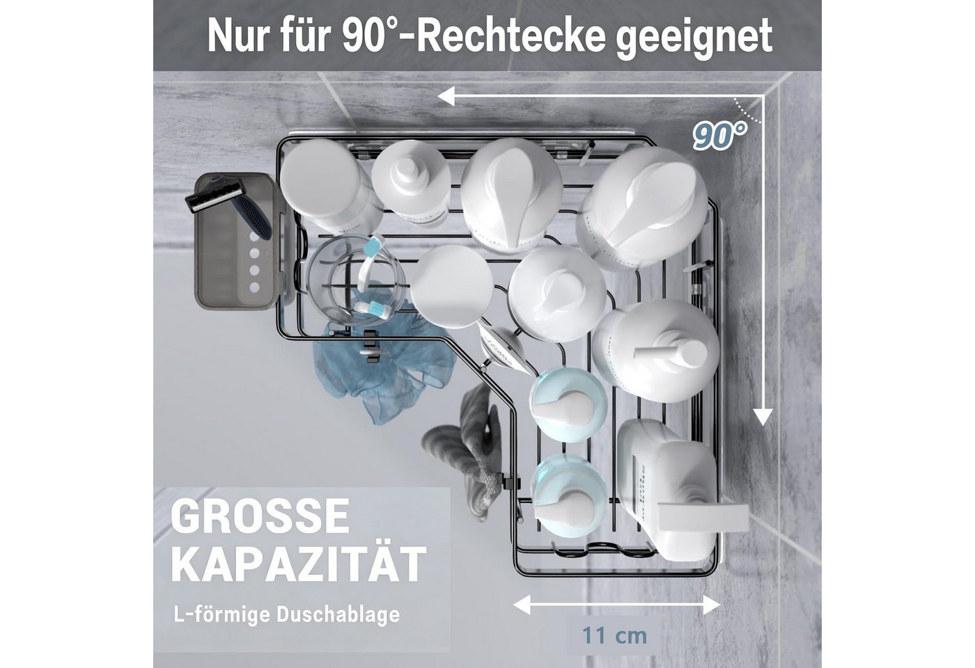 FANNOU Duschablage Ohne Bohren, 2 Stück Selbstklebend Eckregal Badezimmer Organizer, Duschregal Edelstahl mit 4 Haken und 2 Zahnpasta Halter, Duschkorb – Bild 2 von 5