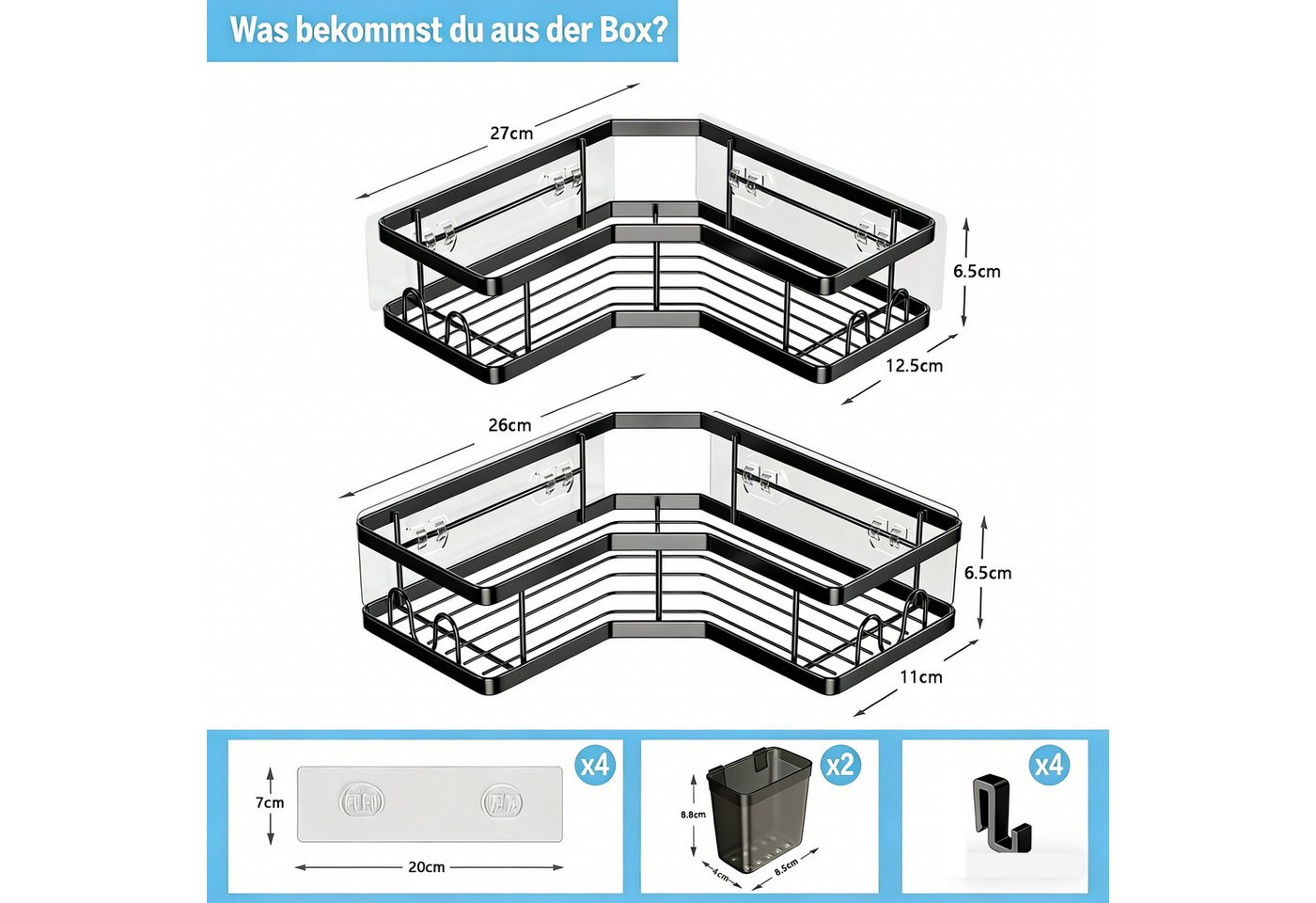 FANNOU Duschablage Ohne Bohren, 2 Stück Selbstklebend Eckregal Badezimmer Organizer, Duschregal Edelstahl mit 4 Haken und 2 Zahnpasta Halter, Duschkorb – Bild 3 von 5