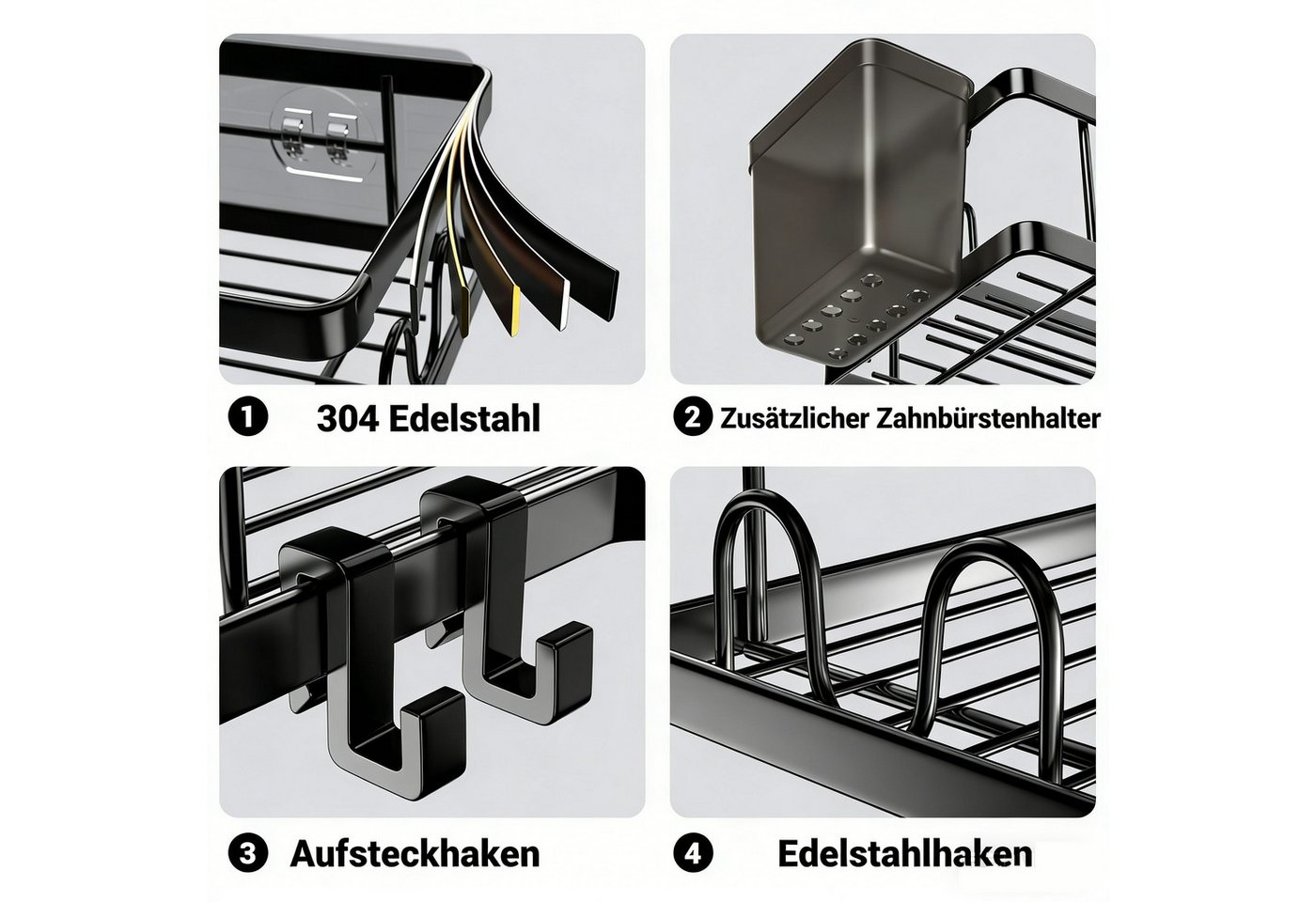 FANNOU Duschablage Ohne Bohren, 2 Stück Selbstklebend Eckregal Badezimmer Organizer, Duschregal Edelstahl mit 4 Haken und 2 Zahnpasta Halter, Duschkorb – Bild 4 von 5