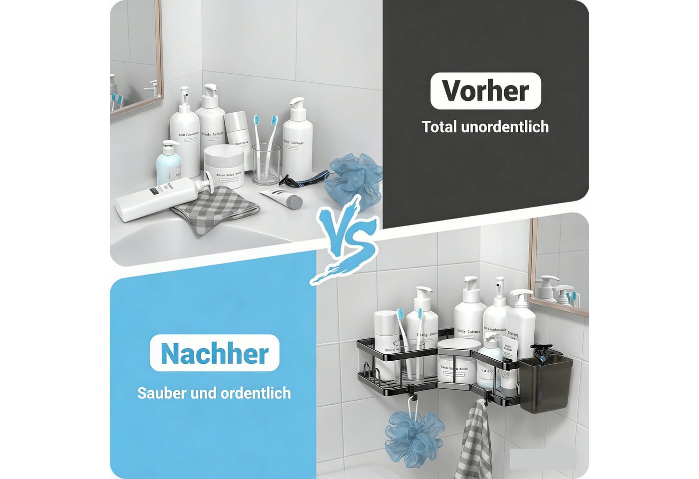 FANNOU Duschablage Ohne Bohren, 2 Stück Selbstklebend Eckregal Badezimmer Organizer, Duschregal Edelstahl mit 4 Haken und 2 Zahnpasta Halter, Duschkorb – Bild 5 von 5